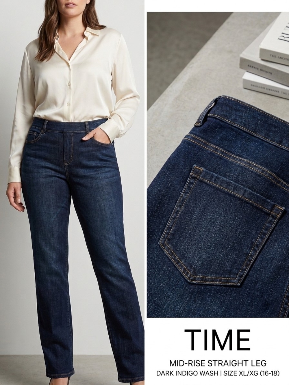 TIME Mid-Rise Straight Leg Jeans - Dark Indigo Wash